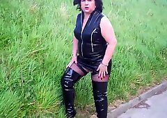Mature BBW Linda in Black Leather Mini & Boots