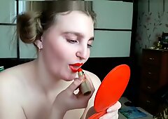 Red lipstick dildo suck and fuck - webcam whore homemade amateur recording