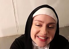 promiscuous Nun strokes youthfull Black Cock Before Halloween Party